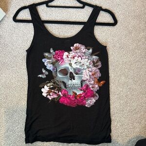 Divided Black Tank Top with Floral Skull Design